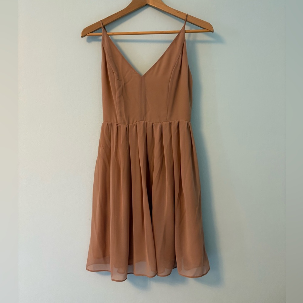 Aritzia Wilfred Tan A-line mini dress with a flowy skirt 2